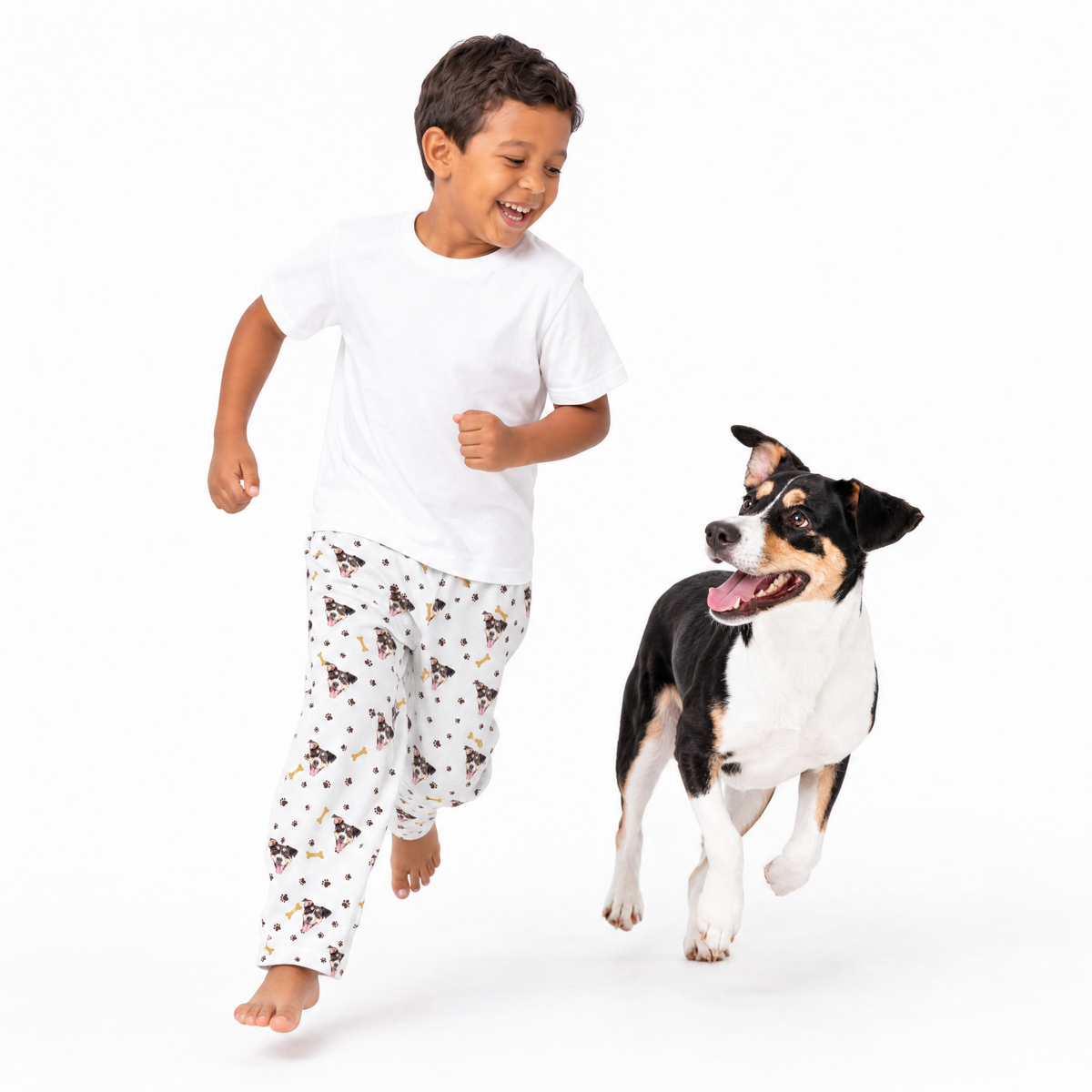 Child running with a dog on a white background