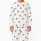 Children's white jogger pajama set with dog and bone pattern on a white background