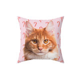 Decorative pillow with a cat face design on a pink background with candy canes.