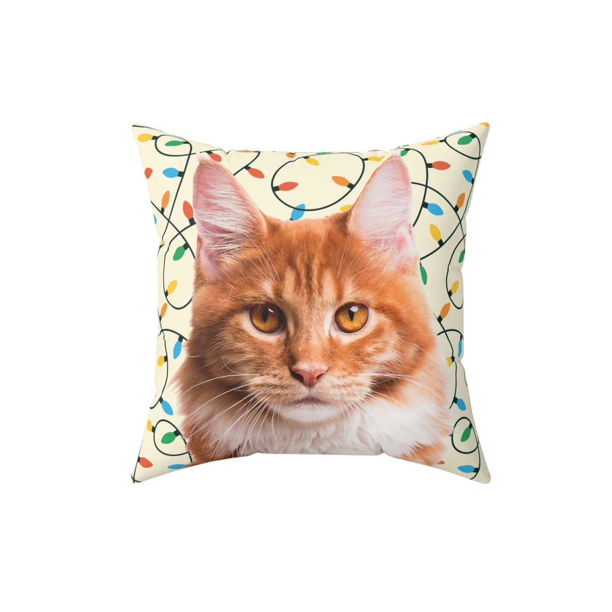 Decorative pillow with a cat's face and Christmas lights on a white background