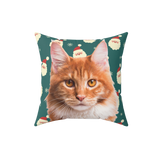 Green pillow with santa pattern and the face of a cat