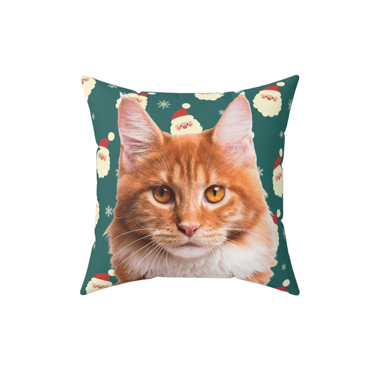 Square throw pillow featuring a realistic orange tabby cat on a dark green background decorated with repeating Santa Claus faces and snowflakes.