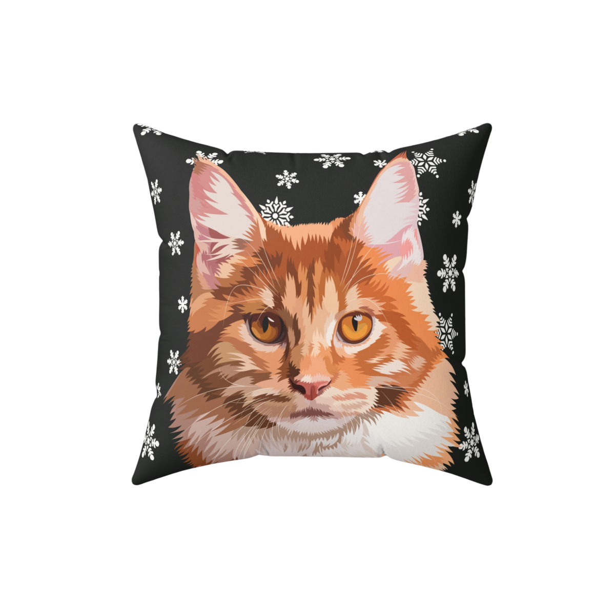 Pillow with a cat design on a black background with white snowflakes