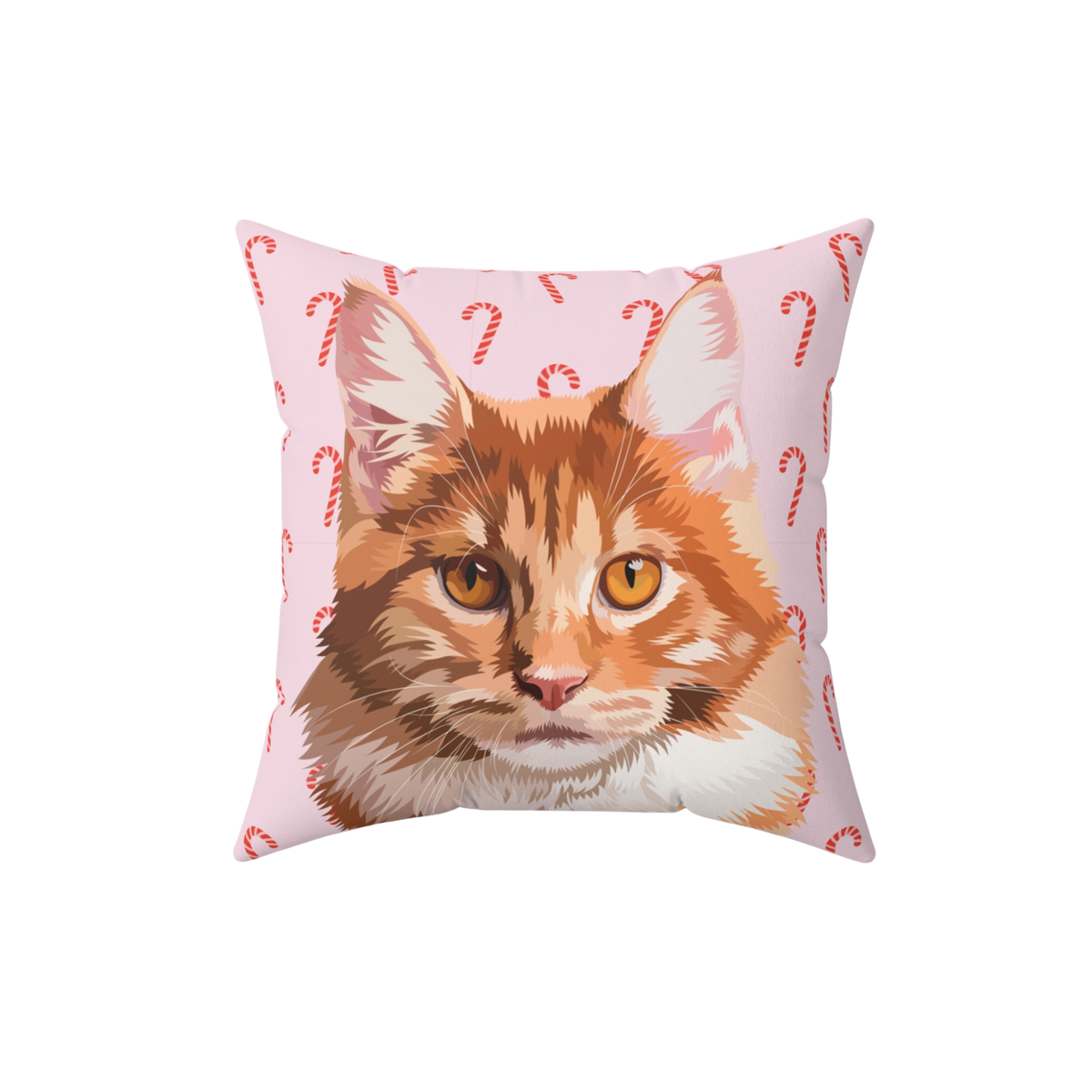 Pillow with a cat design on a pink background with candy cane patterns