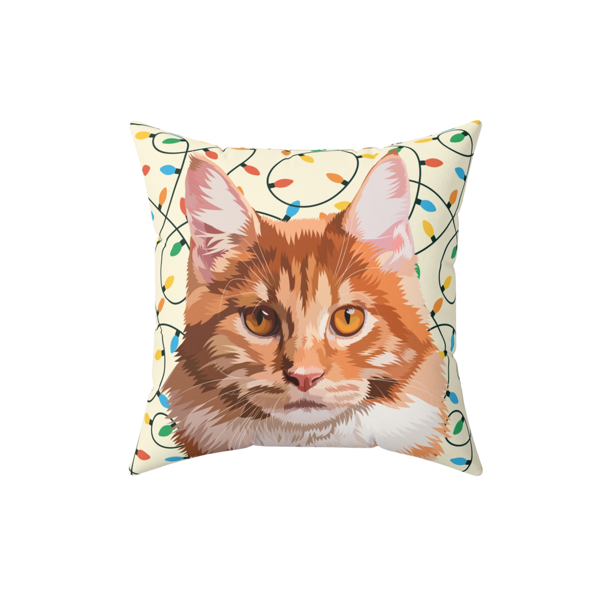 Decorative pillow with a cat face design on a white background