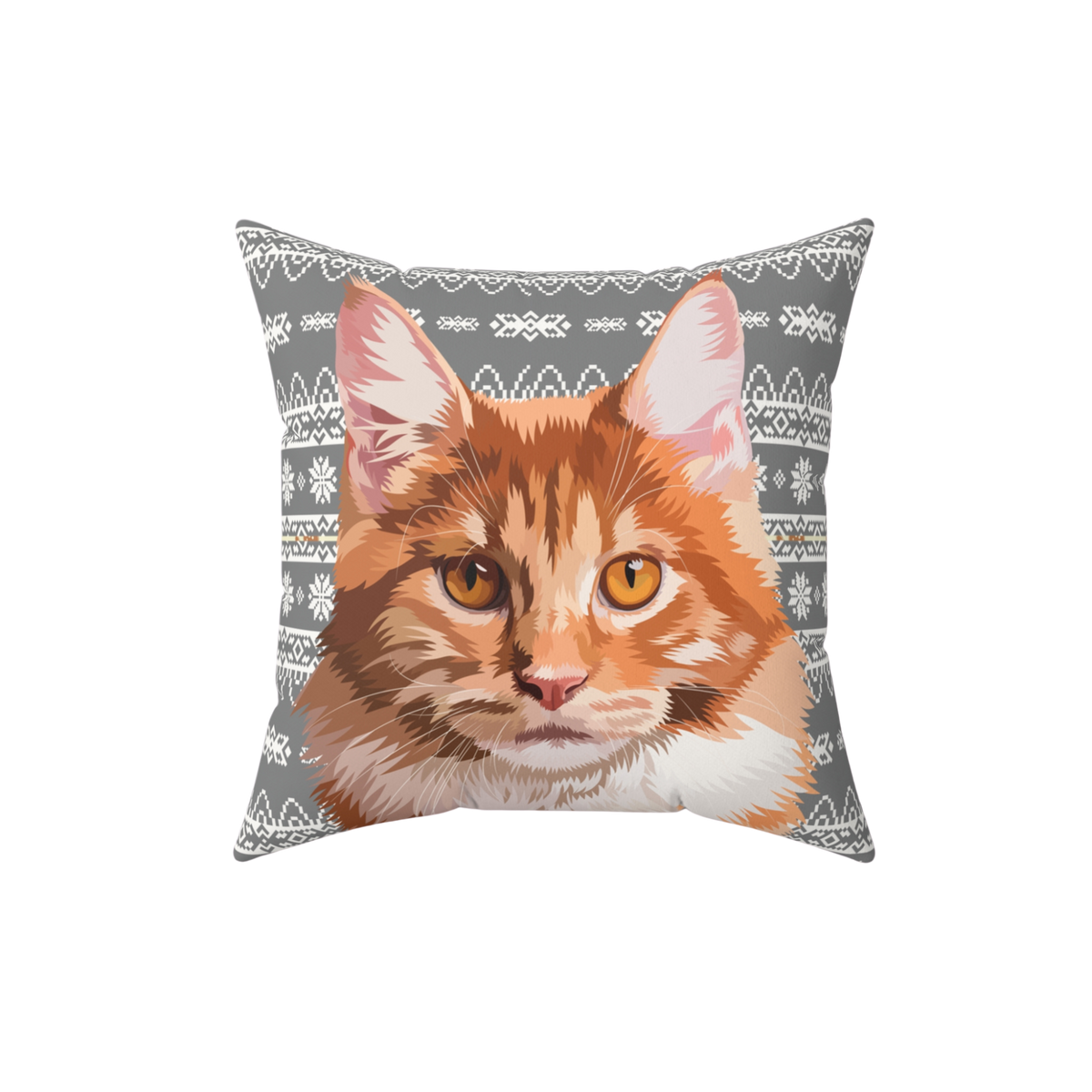 Pillow with a cat face design on a gray background