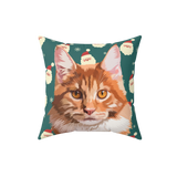 Teal pillow with santa pattern and an illustrated cat face.