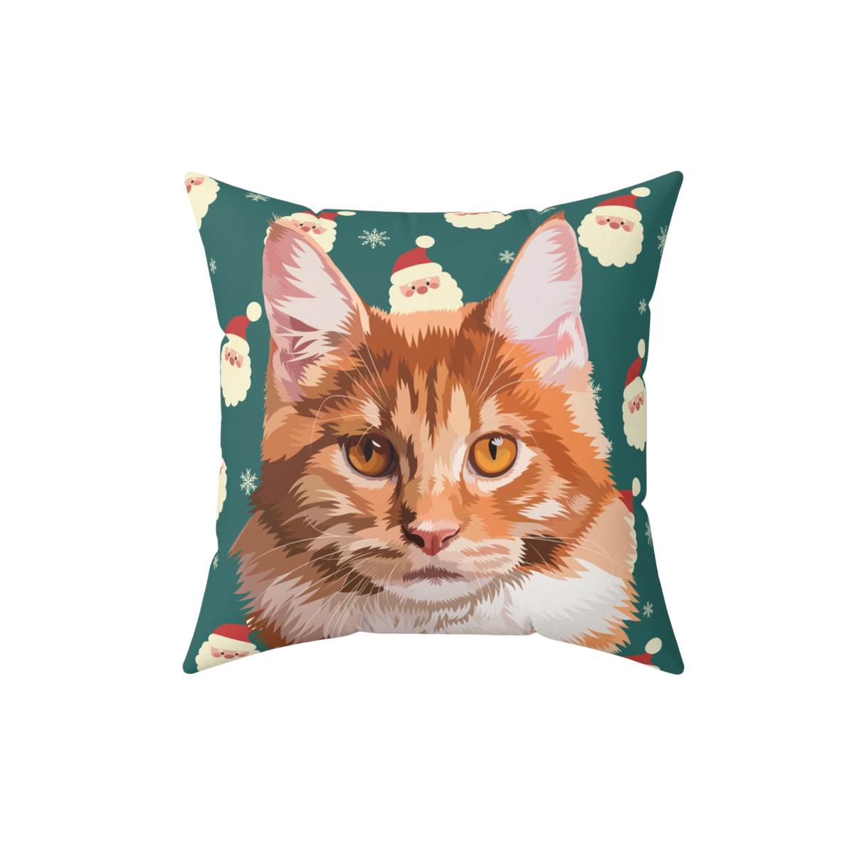 Decorative pillow with a cat face design on a teal background with Christmas elements.