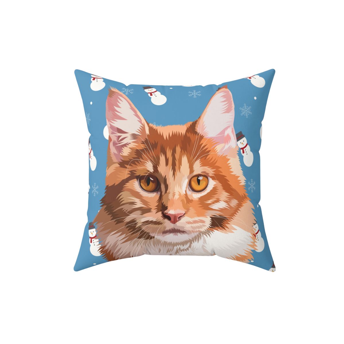 Decorative pillow with a cat's face on a blue background with snowmen and snowflakes.