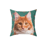 Green pillow with a pattern of berries and the photo of a cat