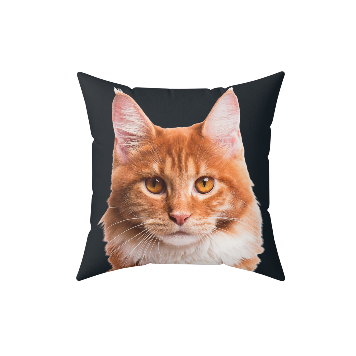 Pillow with a cat's face printed on a black background