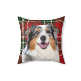 Custom 16 inch throw pillow with an Australian Shepherd photo cutout portrait on a red and green tartan plaid background[ChristmasPlaidImageCutOut]