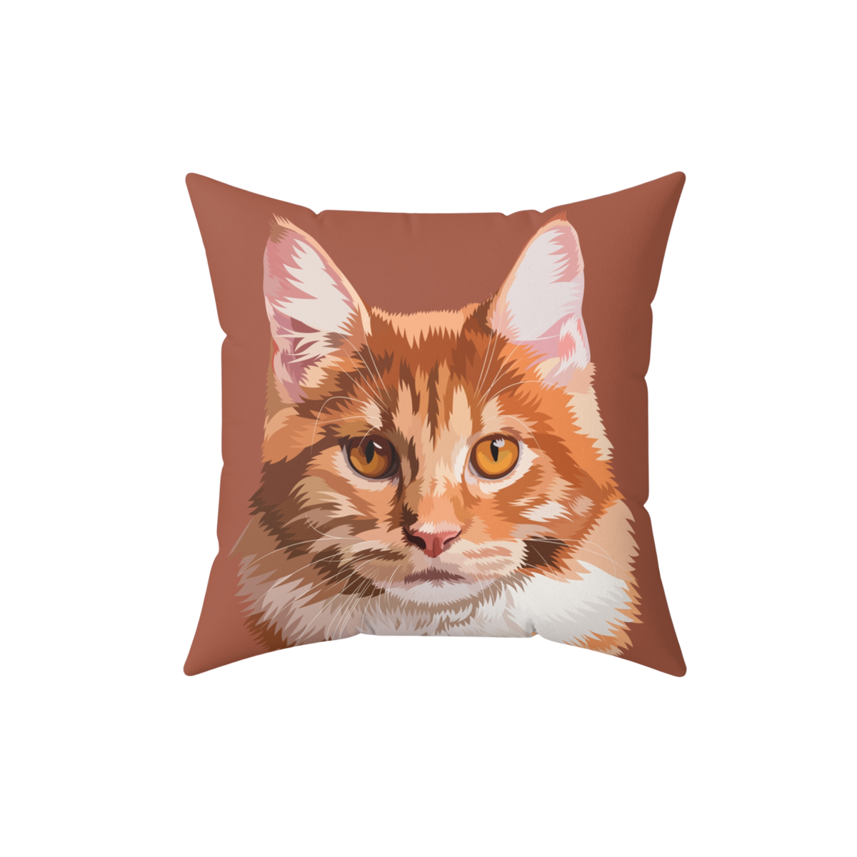 Pillow with a cat face illustration on a brown background