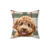 Custom 16 inch throw pillow with a curly goldendoodle photo cutout portrait on a cream flannel plaid background with green and red stripes[LightChristmasFlannelImageCutOut]