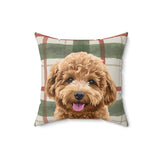 Custom 16 inch throw pillow with a curly goldendoodle hand illustration portrait on a cream flannel plaid background with green and red stripes[LightChristmasFlannelHandIllustration]