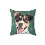 Custom 16 inch throw pillow with a tricolor terrier mix photo cutout portrait on a green background with sprigs of mistletoe[MistletoeImageCutOut]