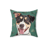 Custom 16 inch throw pillow with a tricolor terrier mix hand illustration portrait on a green background with sprigs of mistletoe[MistletoeHandIllustration]