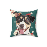 Custom 16 inch throw pillow with a tricolor terrier mix hand illustration portrait on a green background with a repeating Santa face pattern[SantaHandIllustration]
