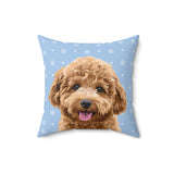 Custom 16 inch throw pillow with a curly goldendoodle hand illustration portrait on a light blue background with tiny white snowflakes[SnowflakesHandIllustration]