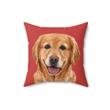 Custom 16 inch throw pillow with a golden retriever photo cutout portrait on a solid red background[SolidRedImageCutOut]