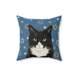 Custom 16 inch throw pillow with a tuxedo cat hand illustration portrait on a blue background with gold and white Stars of David[StarofDavidHandIllustration]