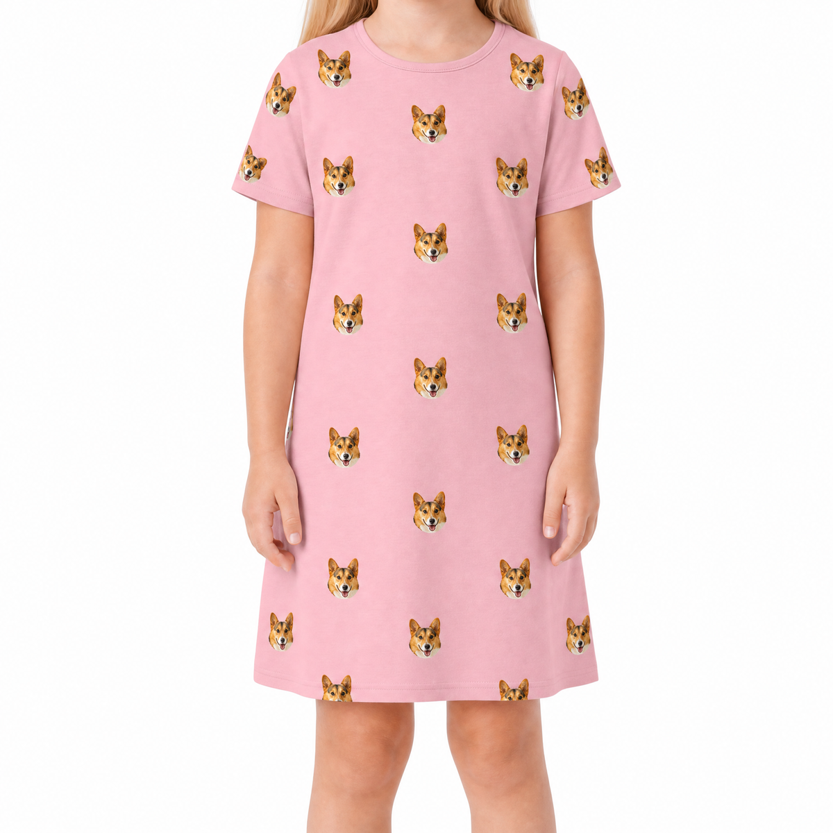 Pink nightgown with dog pattern worn by a person on a white background