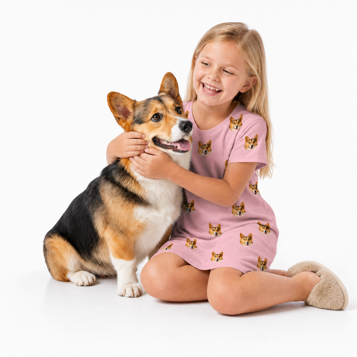 Girl in pink nightgown with dog print sitting next to a corgi on a white background