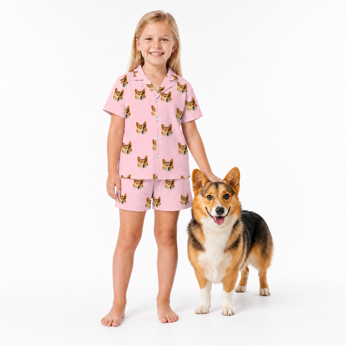 Girl wearing pink pajamas with dog pattern standing next to a dog on a white background