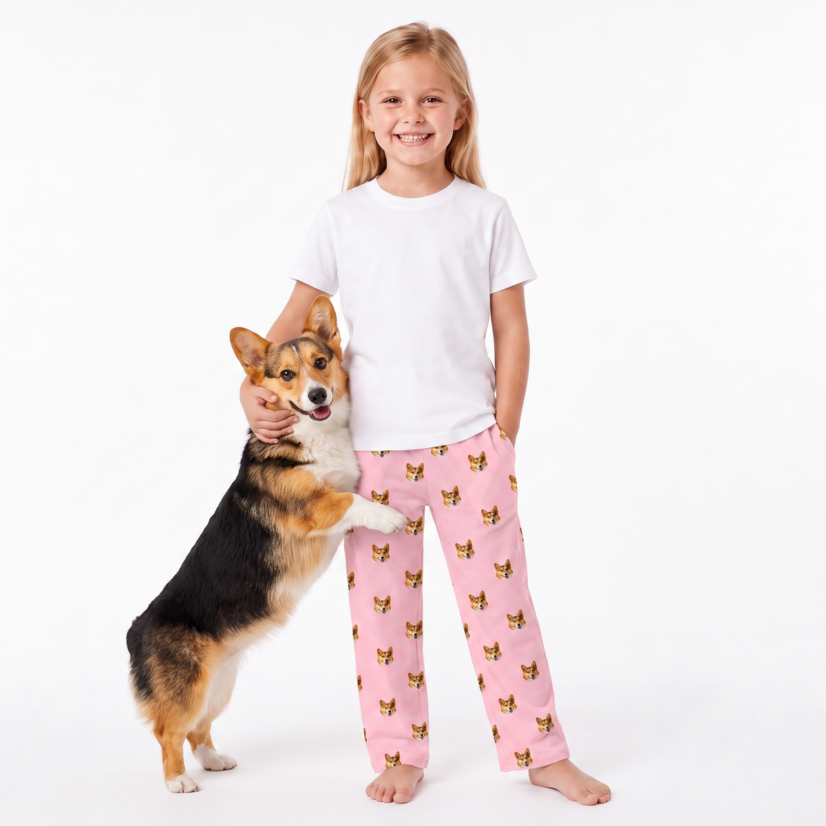 A young girl with blonde hair stands barefoot next to a corgi dog, wearing a white t-shirt and Pink Dream pajama pants with a repeating pattern of small yellow dogs. The background is a clean white studio backdrop.