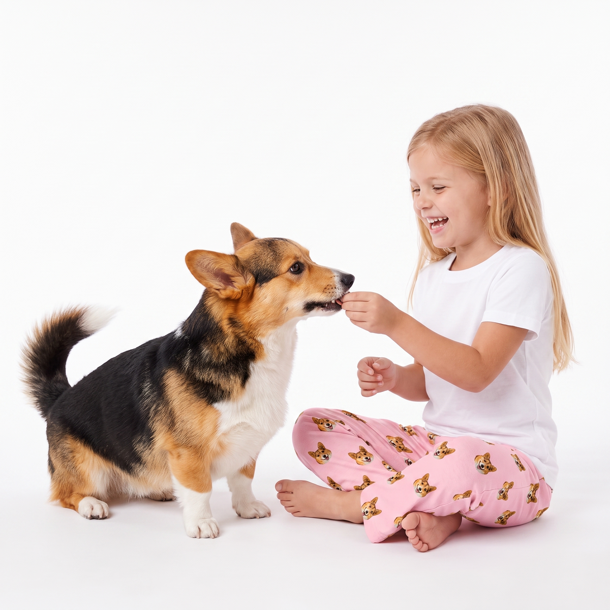 A young girl with blonde hair sits on a white studio floor, offering a treat to a Pembroke Welsh Corgi. She is wearing a white t-shirt and pink pajama pants with a small dog pattern.