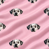 Close-up of the Pink Dream print showing custom pet faces repeated across a soft pink fabric