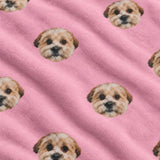Close-up of the Pink Dream print showing custom pet faces repeated across a soft pink fabric