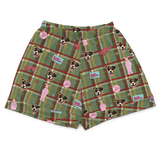 Kids’ 4-inch pajama shorts in green plaid, featuring custom dog portraits, pink Ralphie bunny suit figures, and A Christmas Story-inspired graphics.
