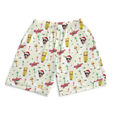 A pair of white athletic shorts featuring a festive Christmas golf theme print with illustrations of dogs in Santa hats, golf tees, golf balls, and the word 'Ozarks' in red script.[Pj_7inshorts_IconicLeglamp_Men]