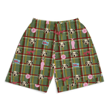 Men’s 7-inch pajama shorts in green plaid, featuring custom dog portraits, pink Ralphie bunny suit figures, and A Christmas Story-inspired graphics.
