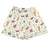 A pair of white boxer shorts featuring a festive Christmas-themed print with dogs in Santa hats, holiday lights, ornaments, and the word 'Ozark' in red script.[Pj_shorts_IconicLeglamp_kids]