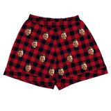 Red & black buffalo plaid shorts with repeating smiling bearded man face prints[BuffaloPlaidPajamaShorts]