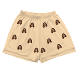 Butter yellow pajama shorts with elastic waist and smiling woman’s face prints[ButterYellowPajamaShorts]