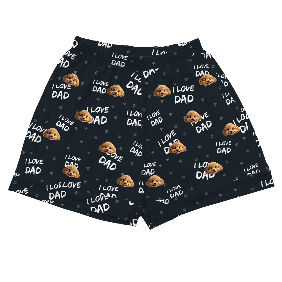 These are cartoon pajama shorts in a black color with repeating pet faces on them[PajamaShorts]