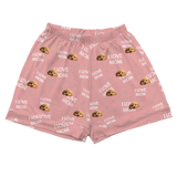 These are pajama shorts in a pink color with repeating pet faces on them[ILoveMomPajamaShorts]