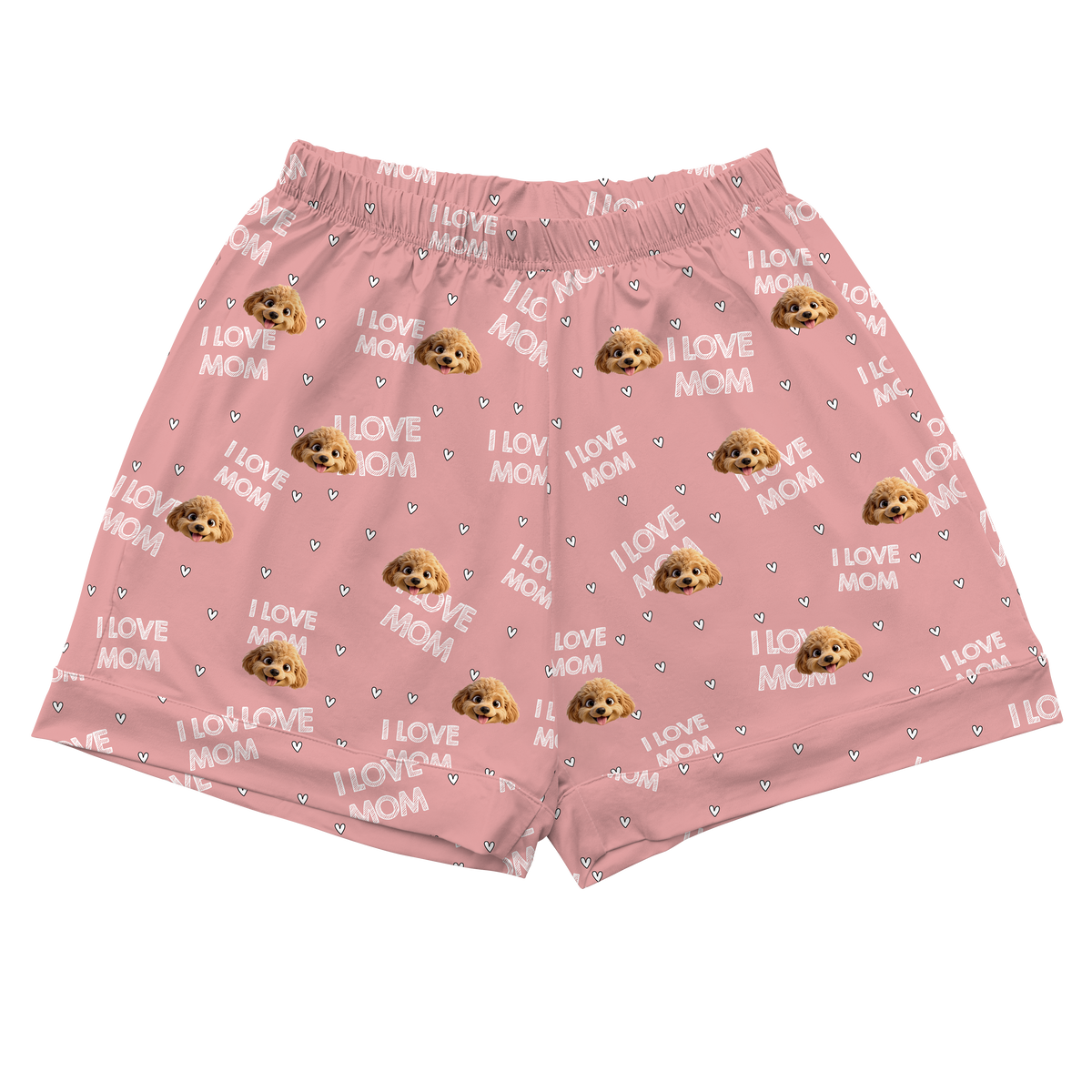 These are cartoon pajama shorts in a pink color with repeating pet faces on them[PajamaShorts]