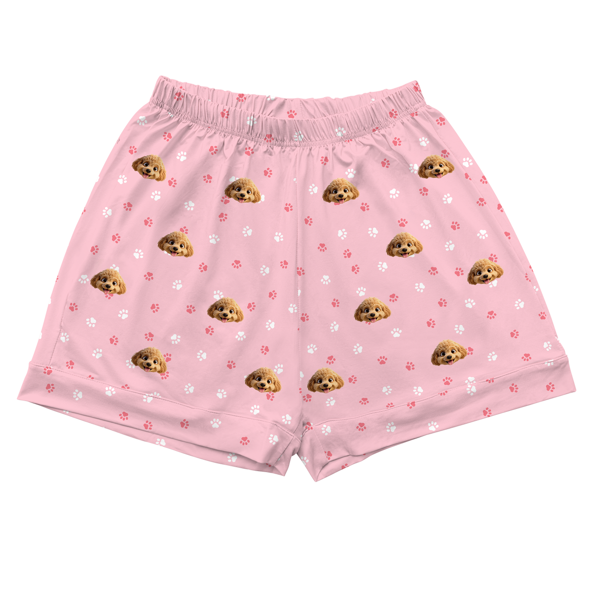 Children's pajama shorts with cartoon dog pattern on a light pink background[LightPinkPawsPajamaShorts]