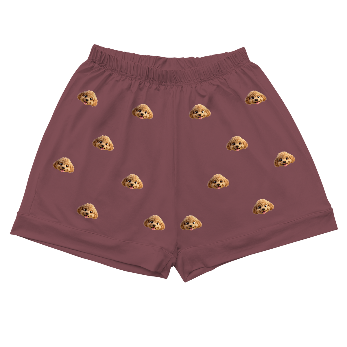 These are cartoon pajama shorts in a maroon color with repeating pet faces on them[PajamaShorts]