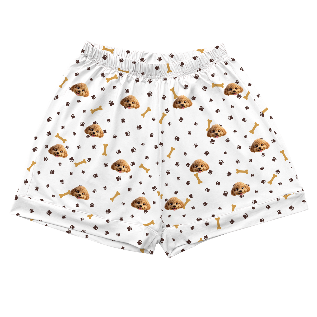 These are cartoon pajama shorts in a white color with repeating pet faces on them[PajamaShorts]