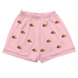 These are cartoon pajama shorts in a pink color with repeating pet faces on them[PajamaShorts]