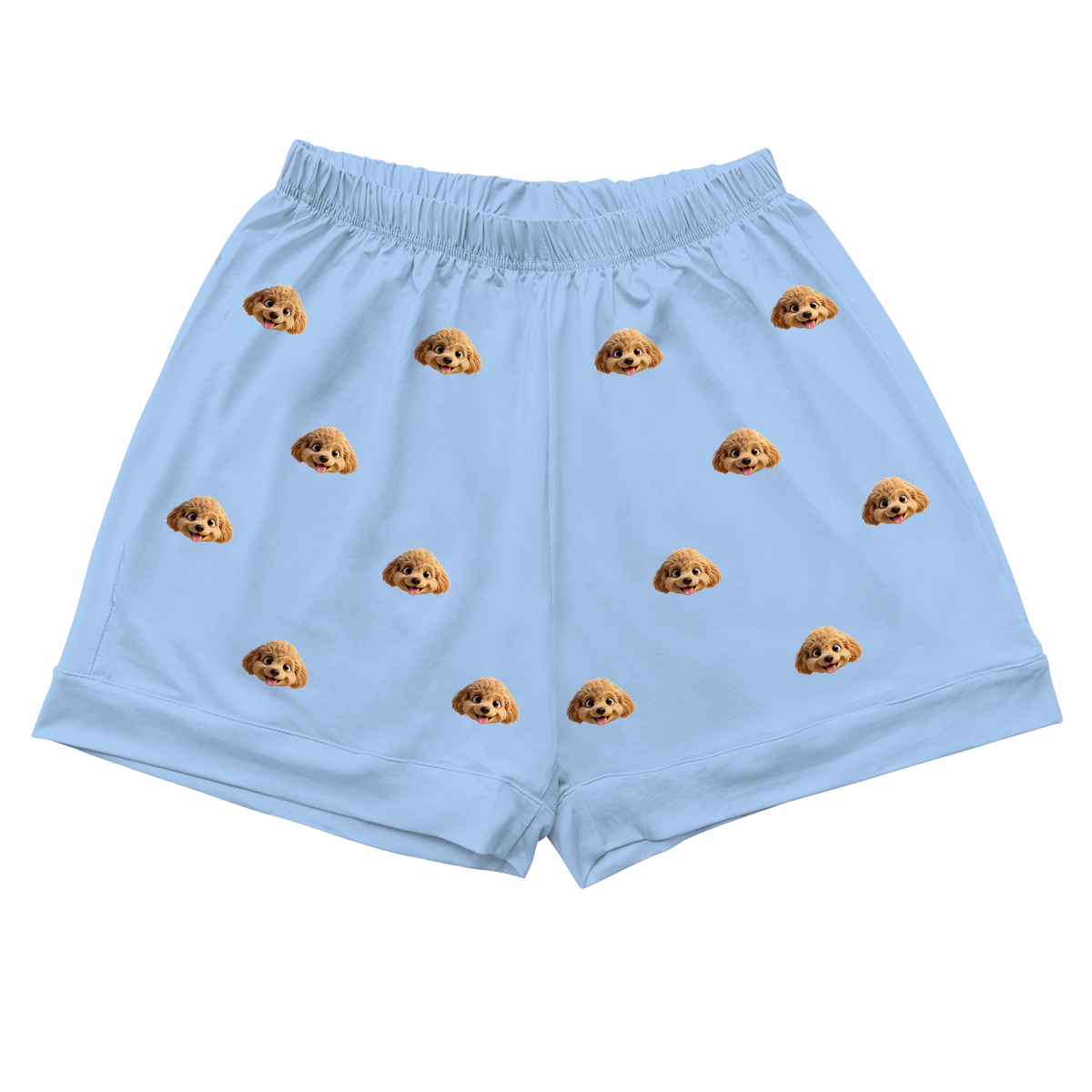 These are cartoon pajama shorts in a sky blue color with repeating pet faces on them[PajamaShorts]