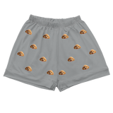 These are cartoon pajama shorts in a gray color with repeating pet faces on them[PajamaShorts]