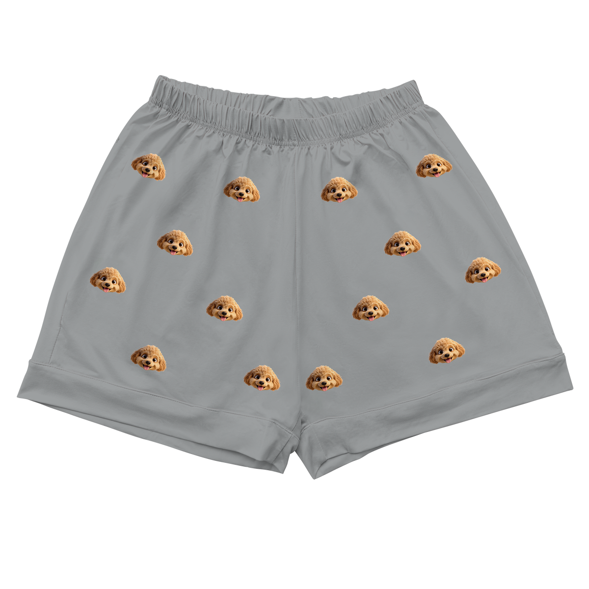 These are cartoon pajama shorts in a gray color with repeating pet faces on them[PajamaShorts]