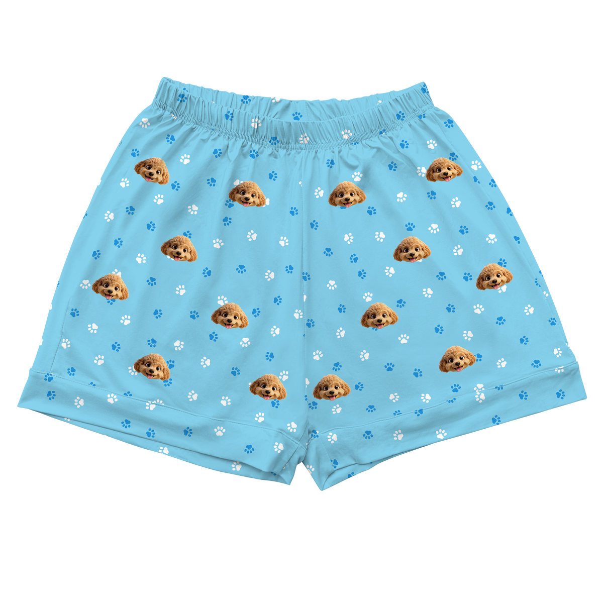 Children's pajama shorts with cartoon dog pattern on a light blue paws background[LightBluePawsPajamaShorts]
