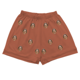 Burnt orange pajama shorts with elastic waist and smiling woman’s face prints[CocoaPajamaShorts]